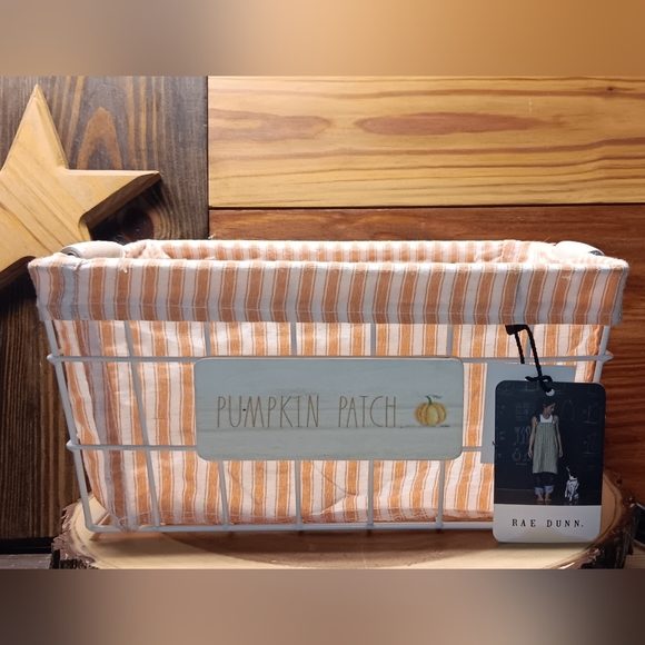 Rae Dunn PUMPKIN PATCH Metal basket with orange and white cloth liner - Picture 1 of 2